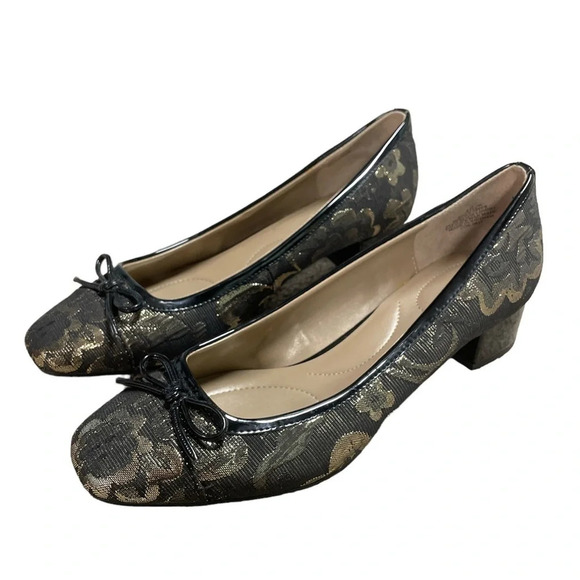 Bandolino Black & Gold Dress 1.5” Heels Shoes Size 8.5 Medium Holiday Festive - Picture 1 of 13